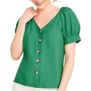 Ann Taylor M Puff Sleeve V Neck Top Kelly Green Button Front Classic